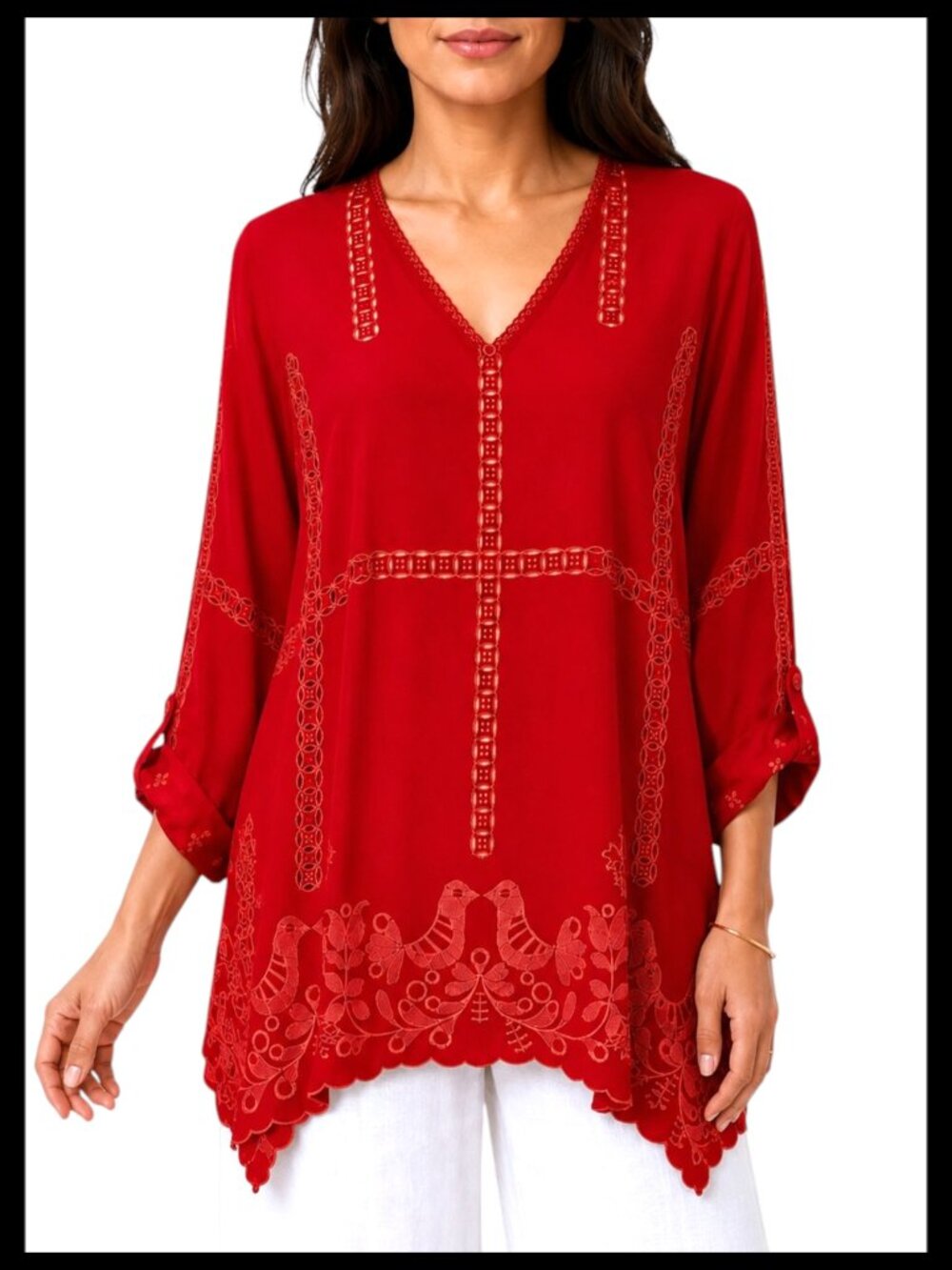 Johnny Was Tunic Blouse Red Eyelet Embroidered XS